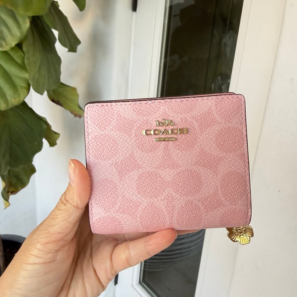 Coach Pink Signature Compact Wallet with Gold Hardware